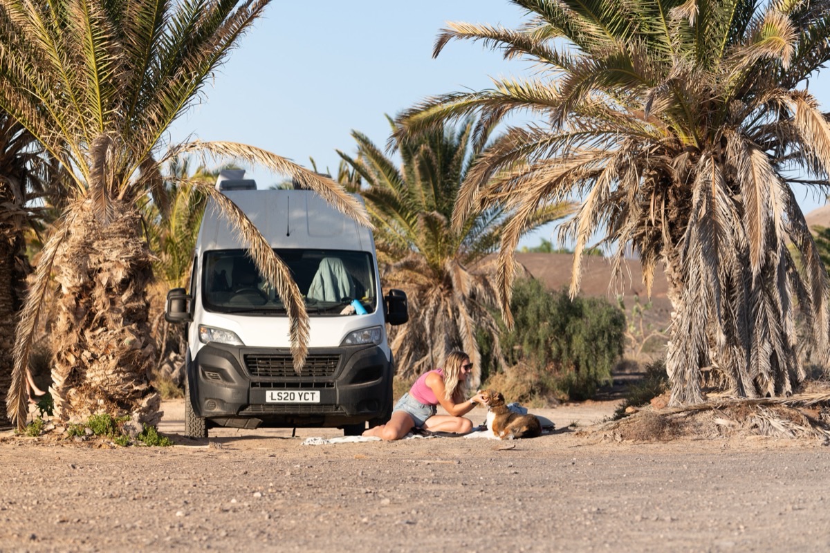 Campervan parked in a green French countryside field at sunset